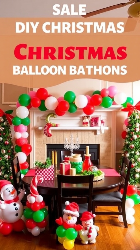 Colorful DIY Christmas balloon decorations including garlands, centerpieces, and characters in a festive setting.